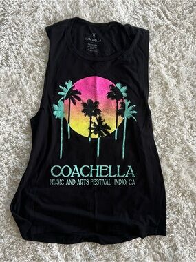 Coachella 2019 Merch- Black Sleeveless Graphic Tank - Pink & Yellow Sunset